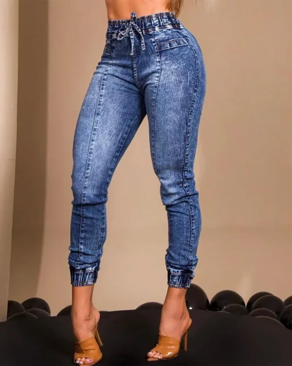 Women Jeans Elastic Waist Solid Color Pencil Pants Pockets Streetwear Casual Slim Fit High Street Flat Zipper 2025 Autumn