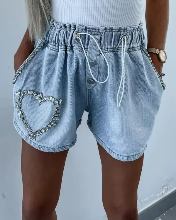 Rhinestone Heart Pattern Drawstring Denim Shorts Women Fashion Spring Summer Jeans Shorts Pants
