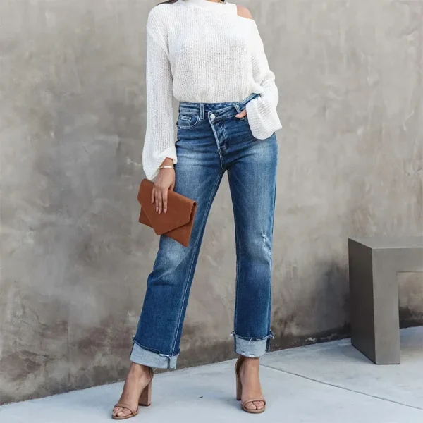 Europe and America Temperament Straight-leg Cuffed Jeans, Women's Spring and Autumn Fashion Water Washing Rough Selvedge Jeans - Image 2