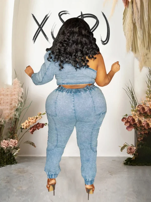 Two Piece Set Women Top and Pants Fashion Sexy One Shoulder Top Elastic Jeans Plus Size Matching Sets Wholesale Dropshipping - Image 5