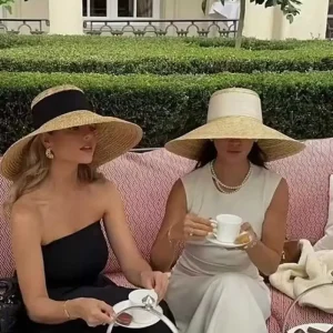 Summer straw hat French elegant seaside travel sun hat bow ribbon flat top large brim straw hat hats for women