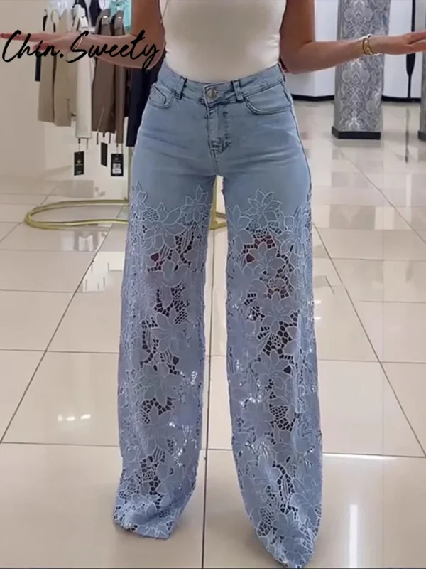 Urban Crochet Denim Women Pants Elegan Hollow Out Zippers Pocket Button Female Trousers 2025 Summer Fashion Lady Streetwear