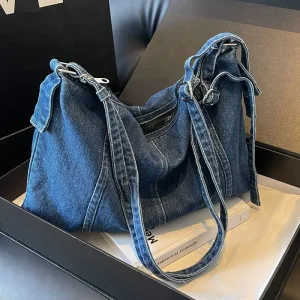 Denim Shoulder Bags for Women Soft Hobos Handbag with Zipper Female Foldable Crossbody Purse Female Travel Bag in Blue Black