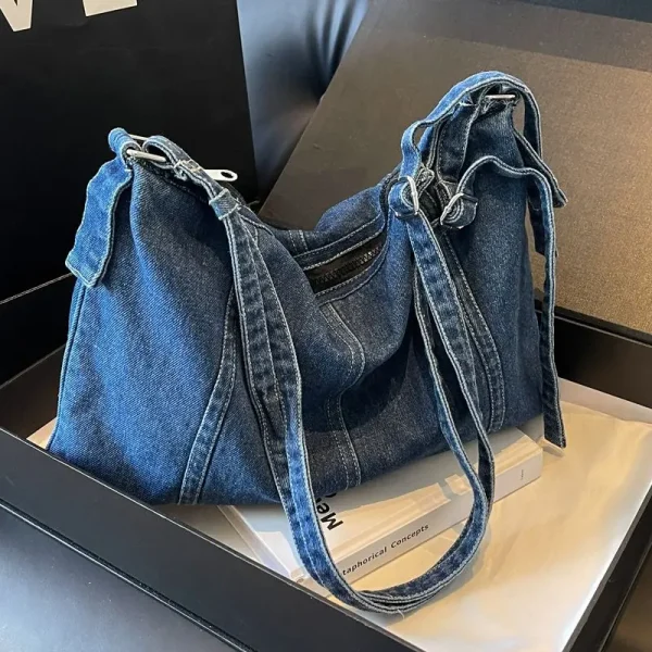 Denim Shoulder Bags for Women Soft Hobos Handbag with Zipper Female Foldable Crossbody Purse Female Travel Bag in Blue Black