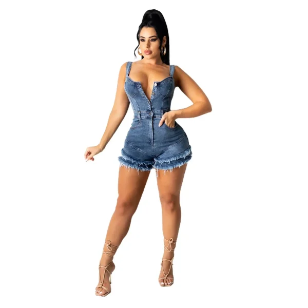 Women Denim Rompers Shorts Jeans Overalls High Waist Spliced Washed Jean Tassel Pockets One Piece Casual Skinny Solid 2025 - Image 2