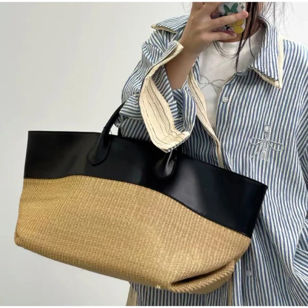 Luxury Genuine Leather Straw Bag Stitching Contrast Color Large Capacity Handbag Brand Tote Bag Commuter Wing-shaped Storage Bag - Image 2
