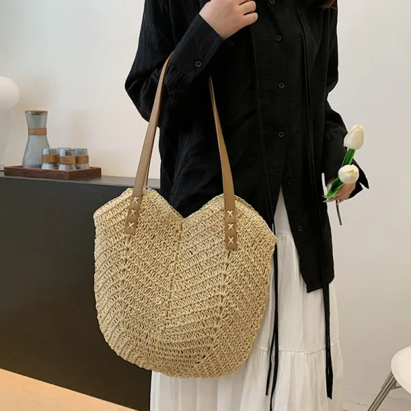 Handmade Fashion Straw Shoulder Bag for Women with Bow Scarf Travel Beach Handbag Girls Shopping Pack Feminine Style - Image 5
