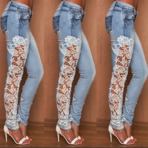 2025 New Elegant Lace Floral Crochet Jeans Women Sexy Skinny Pencil Pants Hollow-Out Baggy Jeans Denim Trousers Streetwear