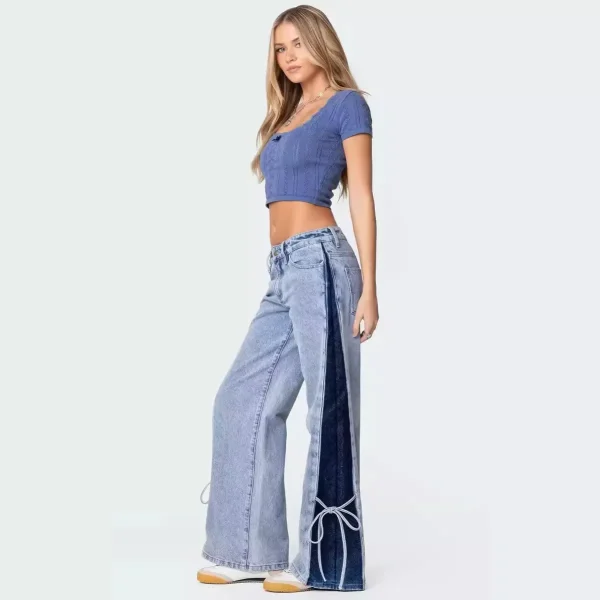 Denim Wide Leg Pants Women Jeans Patchwork Lace Up Washed Distressed Pockets 2025 Streetwear Straight Trousers Y2k Streetwear - Image 3