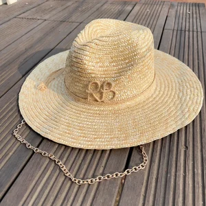 2025 New European American Fashion Design Natural Straw Hat Female Handmade Letter Sun Hat Metal Chain Sunshade Designer Hat