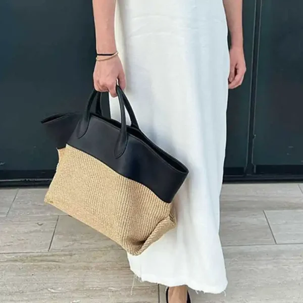 NEW Summer Straw Shoulder Women Large Capacity Rattan Handle Splicing Color Beach Bag Travel Vacation Woven Totes Bag Bolsa - Image 3
