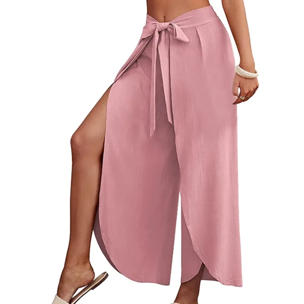 Womens Strapless Wide Leg Pants Slit Flowy Summer Business Work Casual Beach Palazzo Pants Comfortable Cotton Bohemian Pants - Image 2