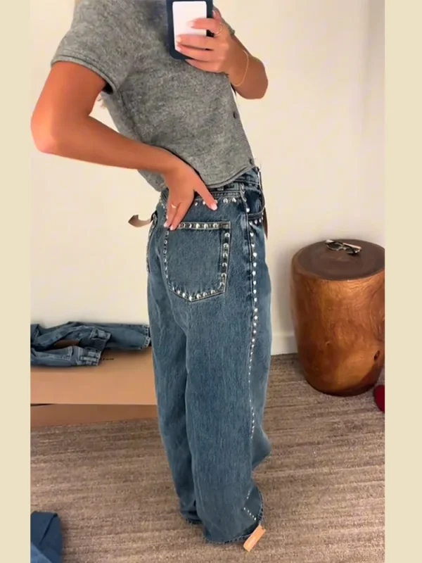 Chic Metal Rivet Women Denim Pants High Waist Straight Baggy Wide Leg Jeans Trousers Dragging Elegant Street Wear Casual Pant - Image 2
