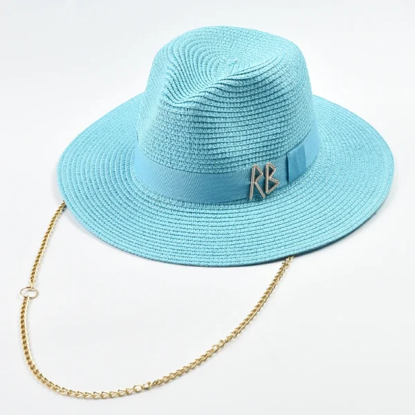 Fashionable Metal RB Letter Straw Hats for Women Men Summer Outdoor Holidays Beach Sun Hat Panama Hat - Image 4