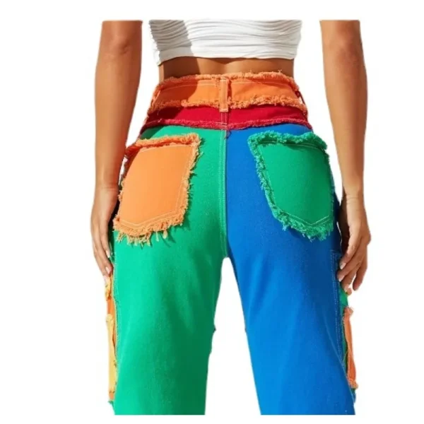 Distressed Color Patchwork Women Denim Pants Fringe High Waist Zipper Fly Jeans 2025 Fall Winter Y2K Streetwear Sexy Club Outfit - Image 4
