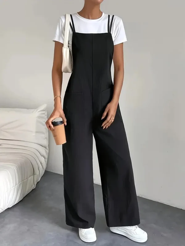 Fashion casual women's pure black jumpsuit pants with pockets, shoulder straps, thin straight leg workwear pants, wide leg pants - Image 2