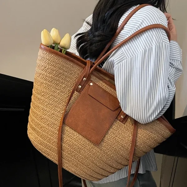 Fashion Straw Baskets Bag Large Capacity Weave Women Shoulder Bags Casual Summer Beach Bag Big Bali Shopper Purses 2025