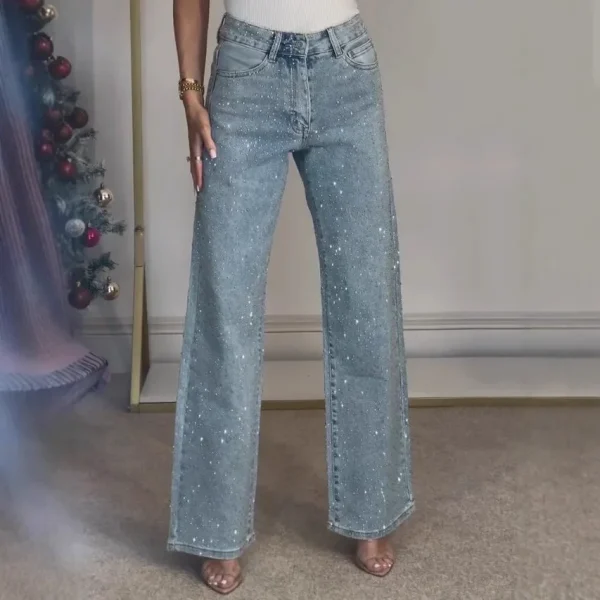 Jeans for Women Straight Diamonds Pants Stretch High Waist Washed Mom Jeans Vintage Denims Streetwear Y2k Streetwear Trousers - Image 4
