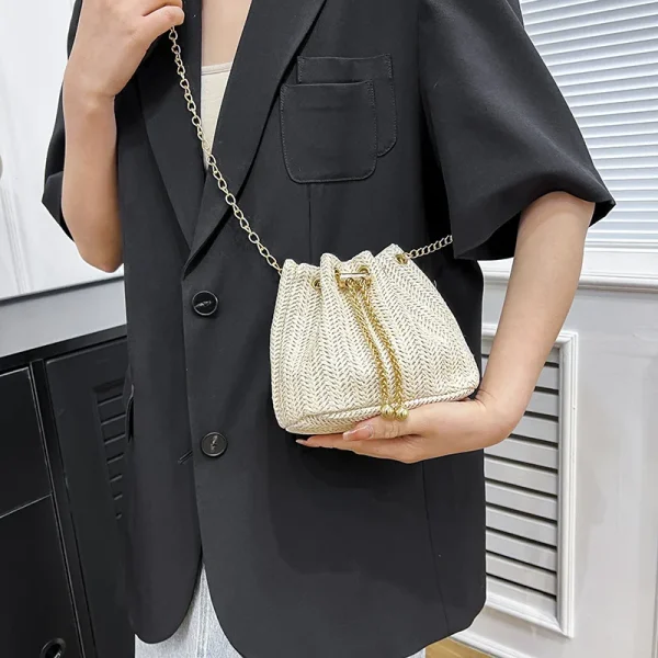 Beige Khaki Straw Weave Bucket Bag Fashion Metal Gold Color Chain Shoulder Messenger Bag For Women Summer Beach Bag bolso mujer - Image 4