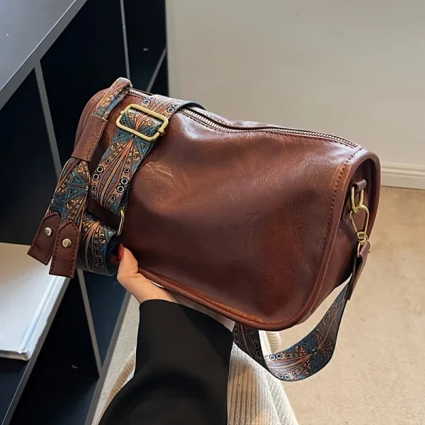 Graphic Pattern Zipper Crossbody Bag, Stylish Leather Shoulder Bag with Wide Strap Large Capacity Daily Purse Designer Hobos Bag - Image 2