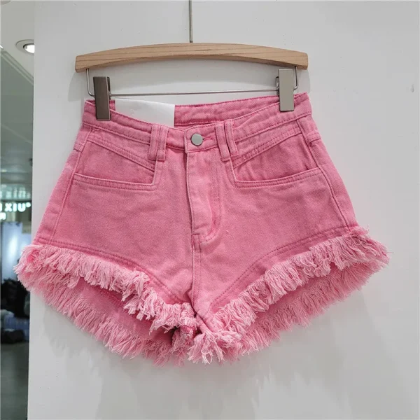Orange Denim Shorts Women Green Hot Pants 2025 Summer Woman's Clothing All-Match Ins Fashion Wide-Leg Ripped Tassel Shorts - Image 2