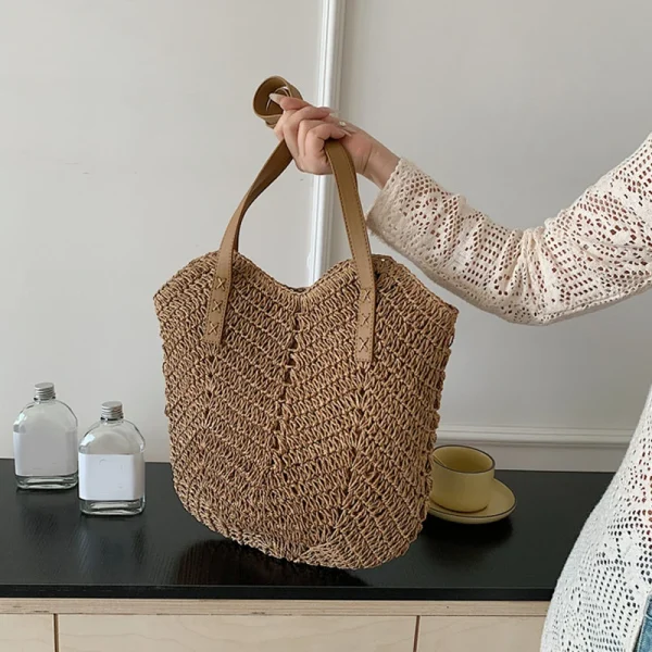 Handmade Fashion Straw Shoulder Bag for Women with Bow Scarf Travel Beach Handbag Girls Shopping Pack Feminine Style - Image 3