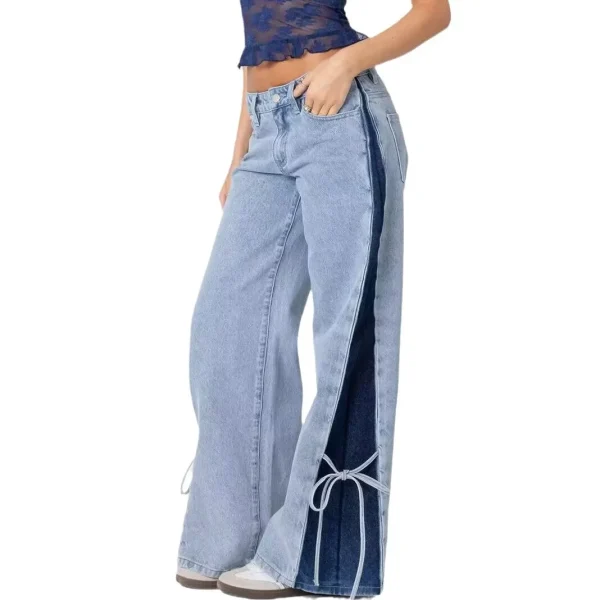 Denim Wide Leg Pants Women Jeans Patchwork Lace Up Washed Distressed Pockets 2025 Streetwear Straight Trousers Y2k Streetwear - Image 5
