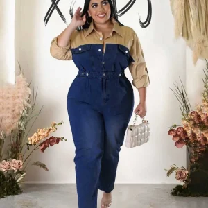 Casual Elegant Womens Jumpsuits with Jeans Autumn Winter Long Sleeve One Piece Outifts Cotton and Denim Jumpsuit Plus Size Lady