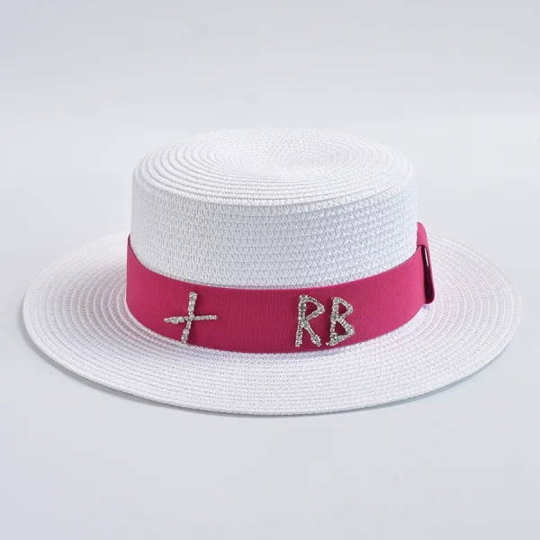 New Straw Hats for Women Fashionable Metal RB Letter Elegant Holidays Boater Hat Summer Flat Top Beach Sun Hat - Image 5