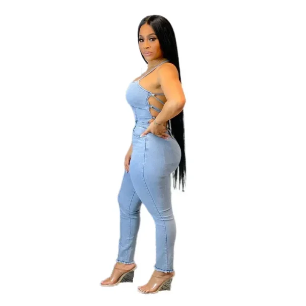 Women Sleeveless Overall Pants Jumpsuits Fashion Slim Fit Backless Bandage Denim Jumpsuit High Waist Jeans - Image 4