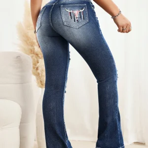 European and American women's retro cow head embroidered jeans with high elasticity, high waist, comfortable flared denim pants