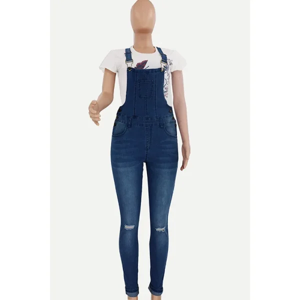Women Jeans Ankle Length Pencil Pants Denim Overalls Pockets One Piece Mid Waist High Street Solid Distressed Holes Spliced - Image 6