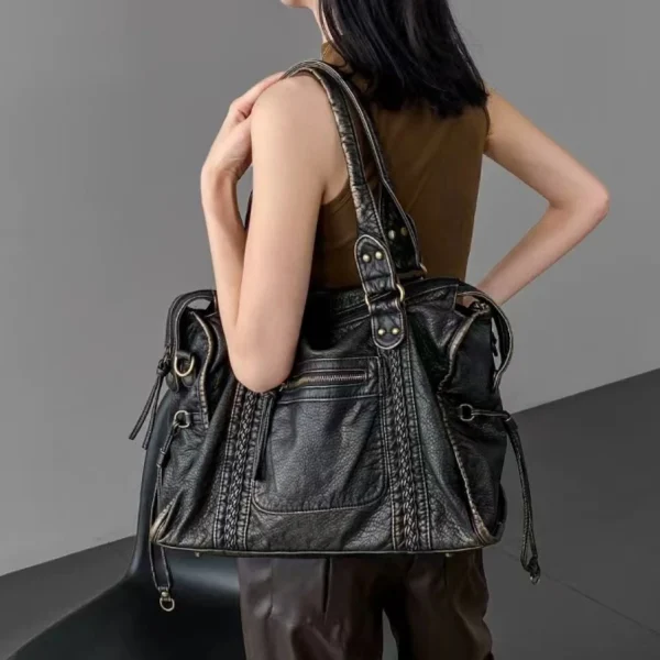 Y2K Spicy Girl One Shoulder Crossbody Bag Vintage Washed Leather Motorcycle Bag Large Capacity Bag - Image 3