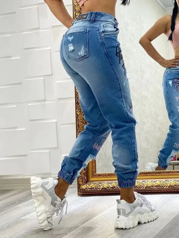 Benuynffy Streetwear Hip Hop Letter Print Ripped Jeans Women Fashion Y2K Harajuku Mid Waisted Casual Pencil Pants Spring New - Image 3