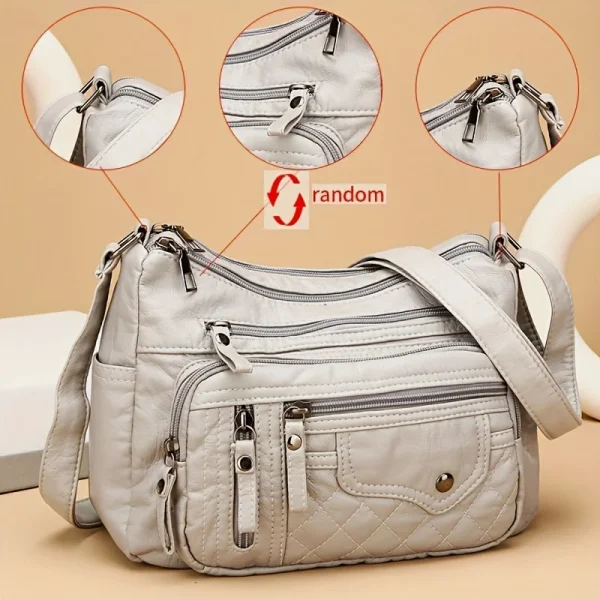 Ladies Bag Fashion Multi Zip Crossbody Multi Pocket Stitching Soft Vegan Leather Shoulder Bag Multi Pocket Handbag Purse - Image 4