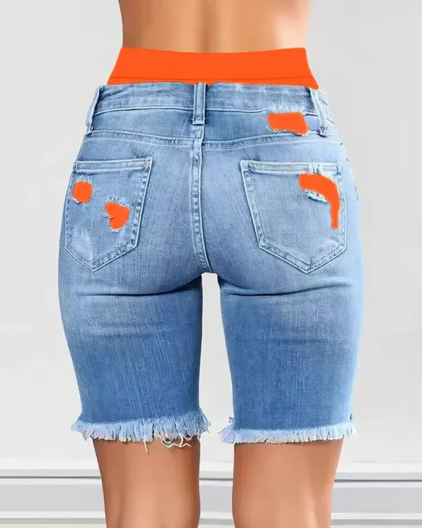 Women Contrasting Color Splicing Fake Two-piece Denim Shorts High Waist Shorts Pants - Image 5