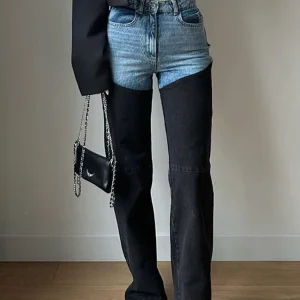 Trendy Women's High Waist Straight Leg Denim Jeans Pant Blue Black Patchwork Comfortable Fit Casual Daily Streetwear Trousers