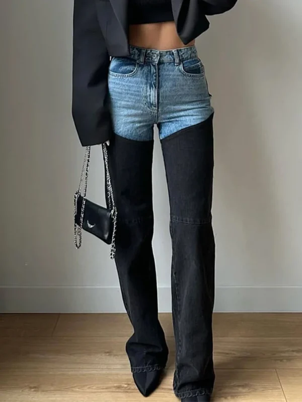 Trendy Women's High Waist Straight Leg Denim Jeans Pant Blue Black Patchwork Comfortable Fit Casual Daily Streetwear Trousers