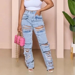 Y2K Holes Jeans Women High Waist Straight Trousers Button Zipper Pant Pocket Office Lady Skinny Summer Long Denim Streetwear