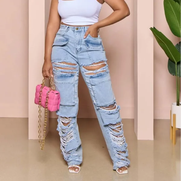 Y2K Holes Jeans Women High Waist Straight Trousers Button Zipper Pant Pocket Office Lady Skinny Summer Long Denim Streetwear