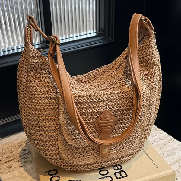 Leisure high-capacity seaside beach vacation grass woven bag for women's 2025 new versatile crossbody bag woven shoulder bag