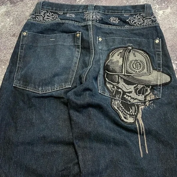 Y2K Jeans New Skull Embroidery Casual Baggy Jeans Men Women Streetwear Harajuku Vintage Gothic High Waist Wide Leg Pant Trouser - Image 2