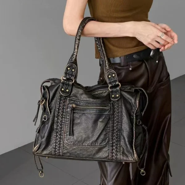 Y2K Spicy Girl One Shoulder Crossbody Bag Vintage Washed Leather Motorcycle Bag Large Capacity Bag - Image 5
