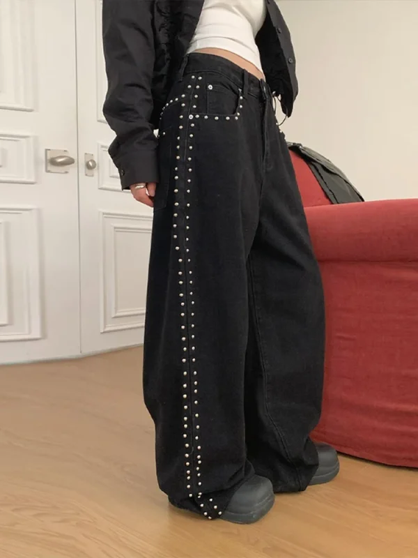 Y2k Fashion Woman's Metal Rivet Pockets Jeans Trousers Baggy Low Rise Wide Leg Denim Dragging High Street Stylish Chic Pants - Image 5