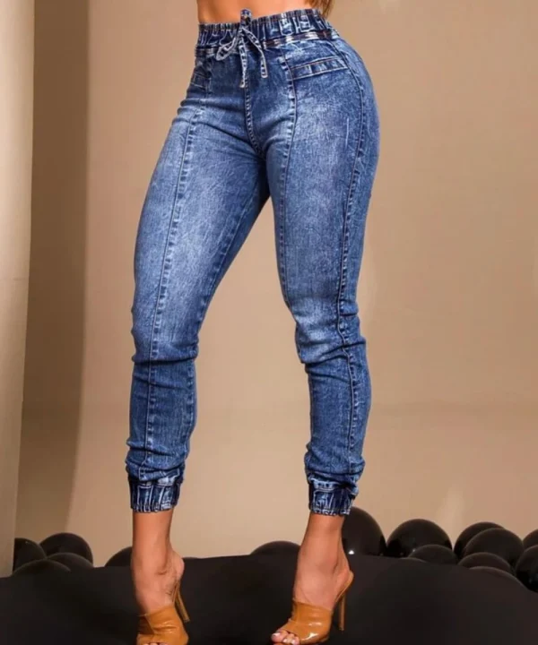 Women Jeans Elastic Waist Solid Color Pencil Pants Pockets Streetwear Casual Slim Fit High Street Flat Zipper 2025 Autumn - Image 5