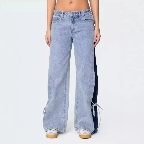 Denim Wide Leg Pants Women Jeans Patchwork Lace Up Washed Distressed Pockets 2025 Streetwear Straight Trousers Y2k Streetwear - Image 4
