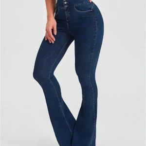 Fashion High Street Simple Spring Jeans Pants Women Solid Color High Waist Pocket Button Slim Flared Trousers