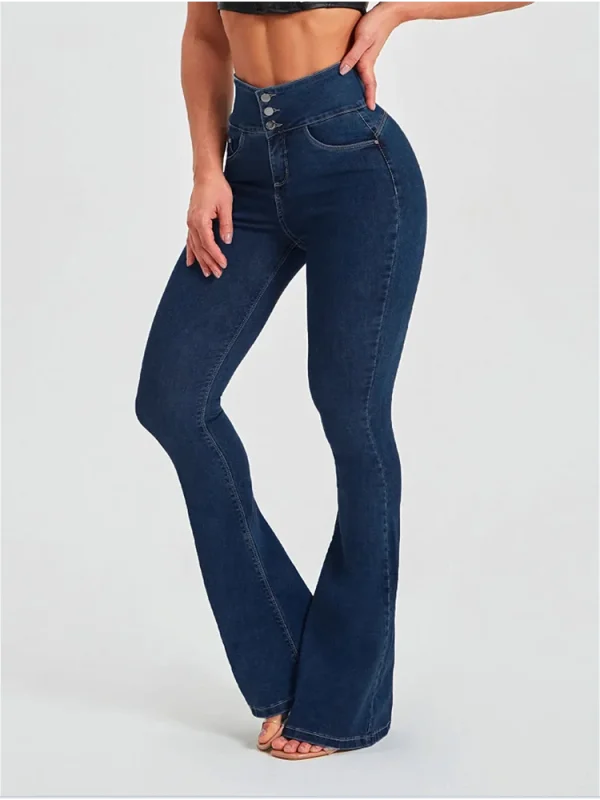 Fashion High Street Simple Spring Jeans Pants Women Solid Color High Waist Pocket Button Slim Flared Trousers