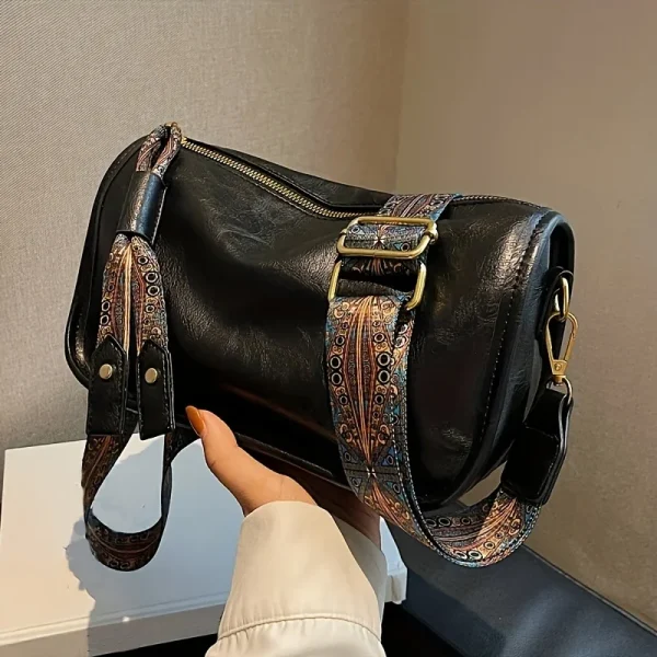 Graphic Pattern Zipper Crossbody Bag, Stylish Leather Shoulder Bag with Wide Strap Large Capacity Daily Purse Designer Hobos Bag - Image 3