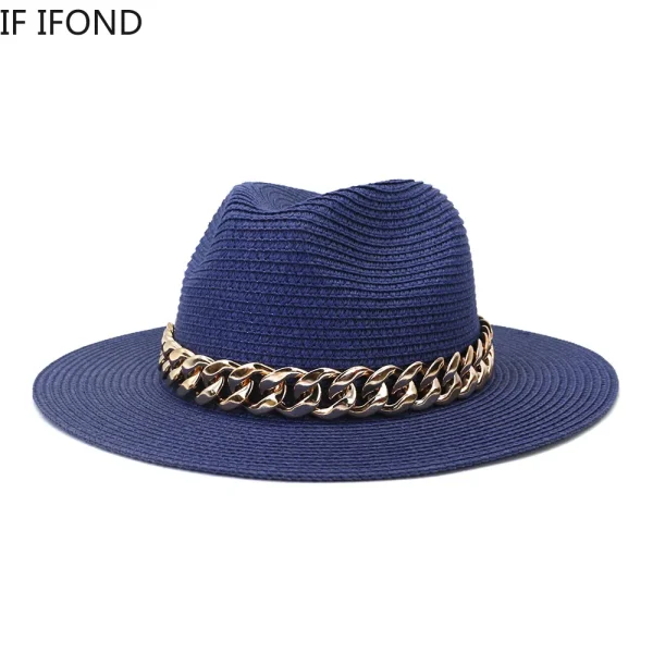 Fashion Gold Chain Belt Panama Straw Hats For Women Summer Breathable Beach Sun Hats Elegant Ladies Party Jazz Hat - Image 6
